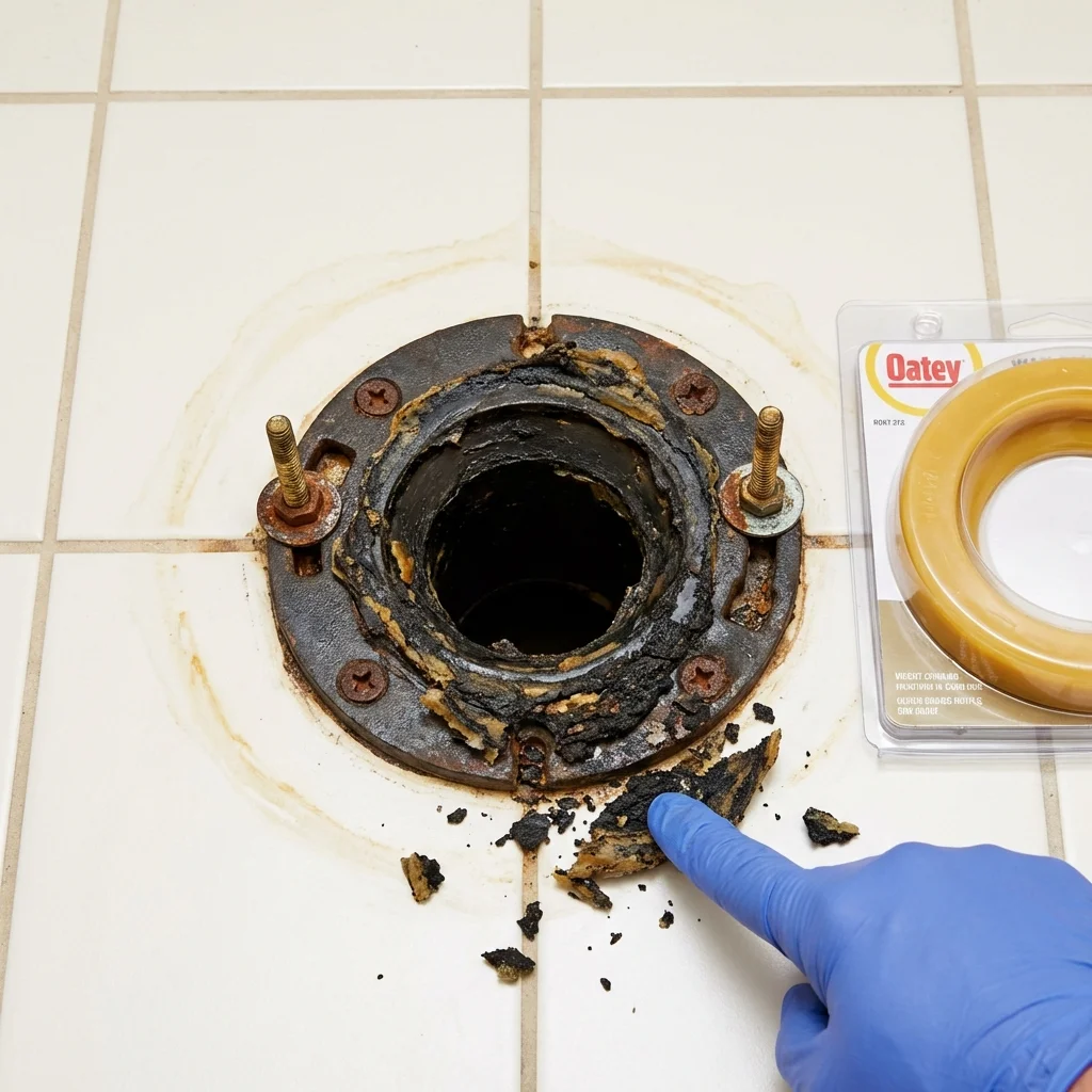 Failed wax ring showing water seepage at the base of a toilet in a Jonesboro, AR home
