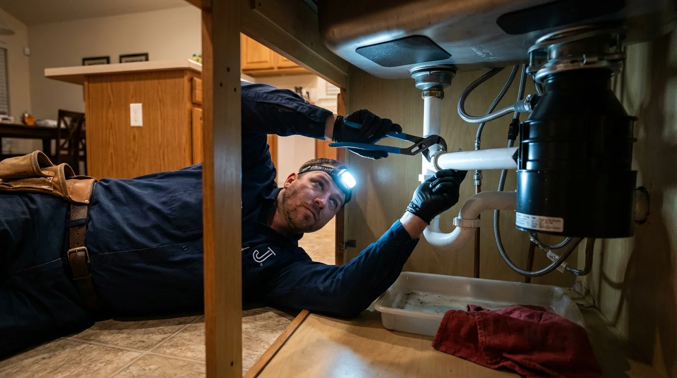 P-trap and supply line connections under a kitchen sink showing a common leak point in Jonesboro, AR